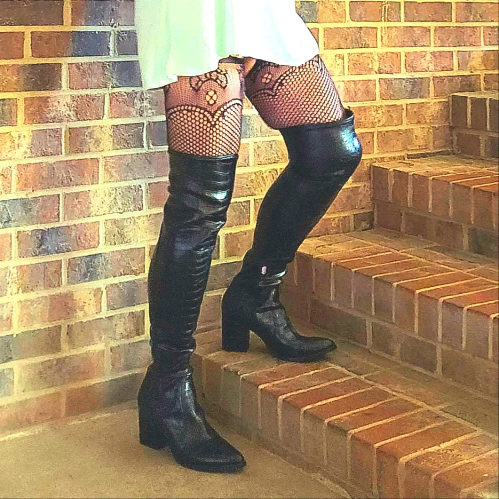 MARC FISHER Black Crocodile Over the Knee Tall Boots NEW Size 8 1/2 Medi…